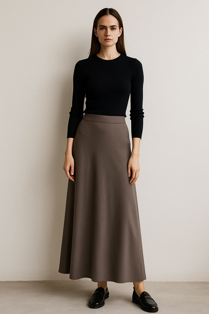 3. マキシスカート × タイトトップスで女性らしさと縦長ラインを両立